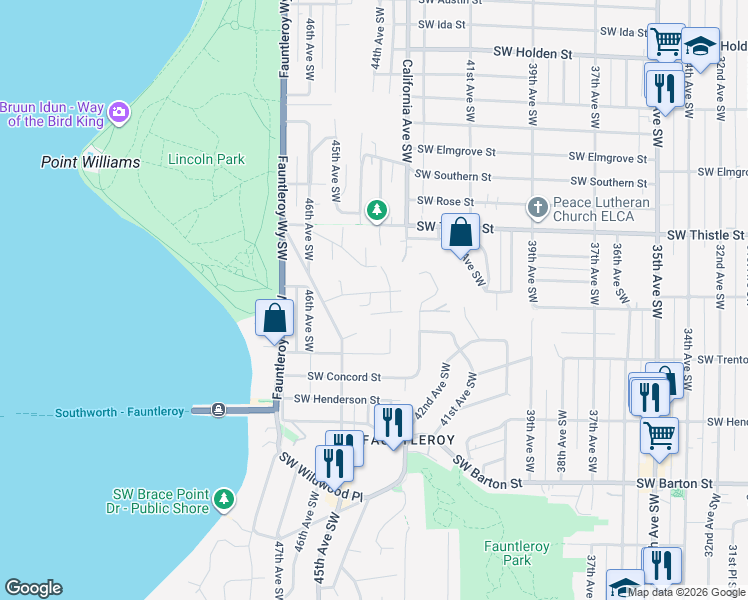map of restaurants, bars, coffee shops, grocery stores, and more near 4329 Southwest Donovan Street in Seattle