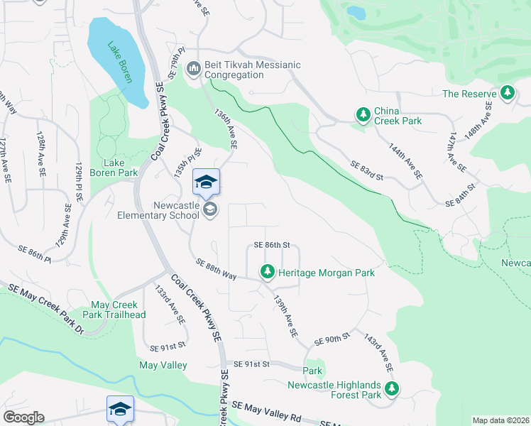map of restaurants, bars, coffee shops, grocery stores, and more near 13793 Southeast 84th Street in Newcastle