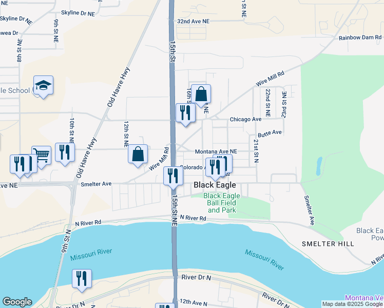 map of restaurants, bars, coffee shops, grocery stores, and more near 1515 Colorado Avenue in Black Eagle