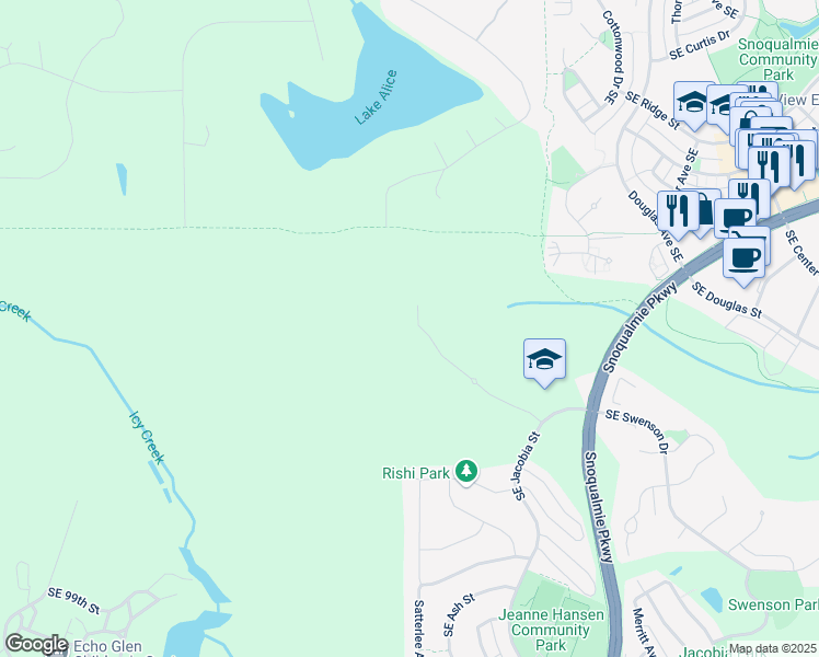 map of restaurants, bars, coffee shops, grocery stores, and more near 34021 Southeast Vaughan Street in Snoqualmie