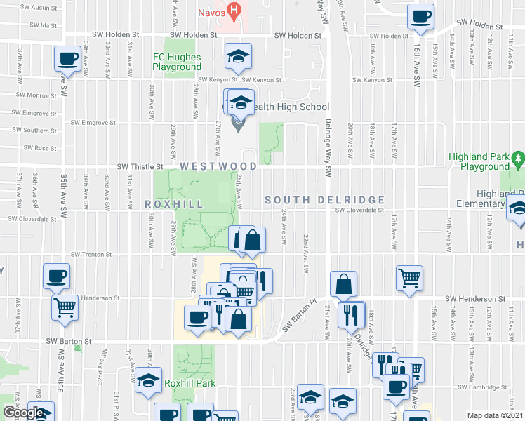 map of restaurants, bars, coffee shops, grocery stores, and more near 25th Avenue Southwest & Southwest Cloverdale Street in Seattle
