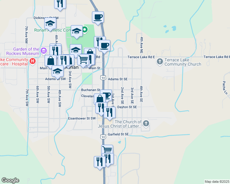 map of restaurants, bars, coffee shops, grocery stores, and more near 53-99 Cleveland St SE in Ronan