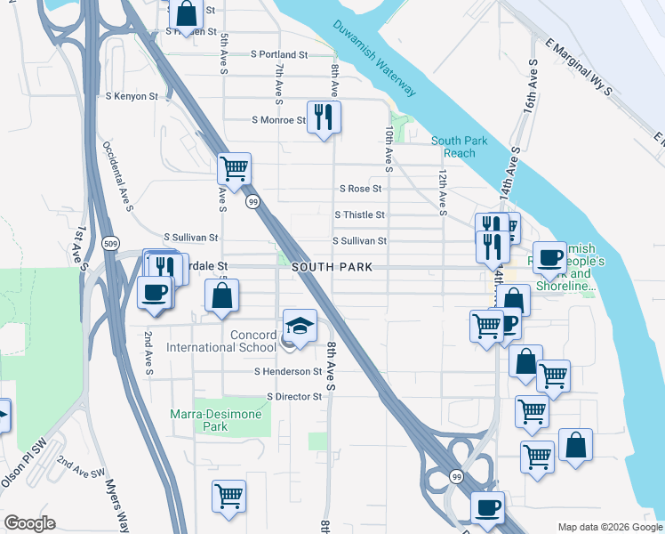 map of restaurants, bars, coffee shops, grocery stores, and more near 8th Ave S & S Cloverdale St in Seattle