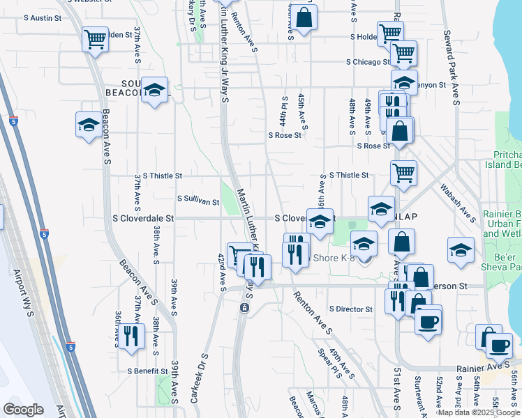 map of restaurants, bars, coffee shops, grocery stores, and more near 4257 South Cloverdale Street in Seattle