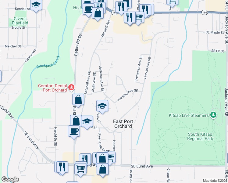 map of restaurants, bars, coffee shops, grocery stores, and more near 2091 Harding Avenue Southeast in Port Orchard