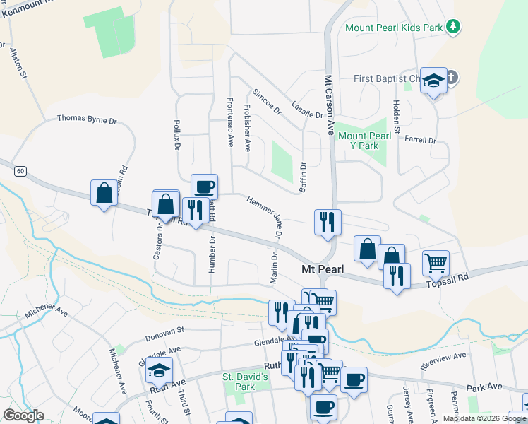 map of restaurants, bars, coffee shops, grocery stores, and more near 32 Hemmer Jane Drive in Mount Pearl