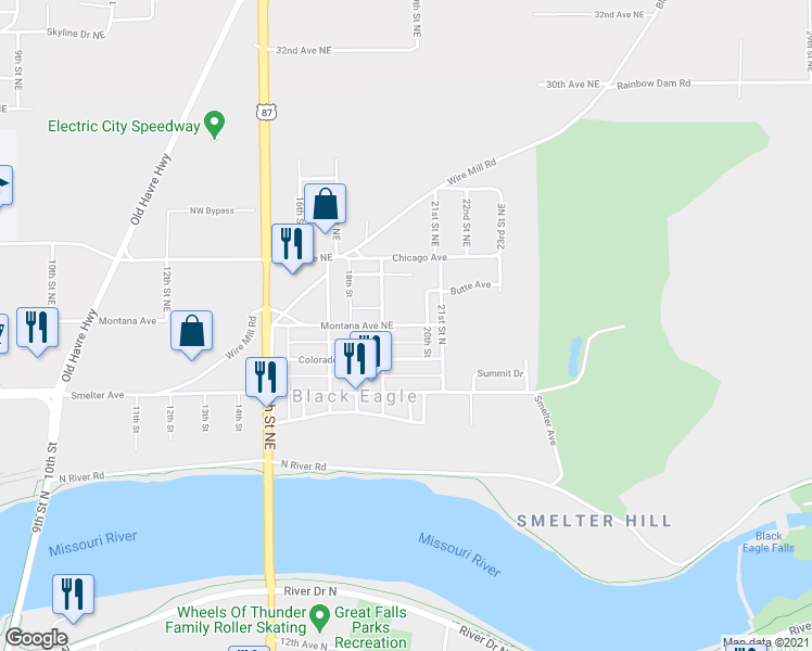 map of restaurants, bars, coffee shops, grocery stores, and more near 1912 Montana Avenue Northeast in Black Eagle