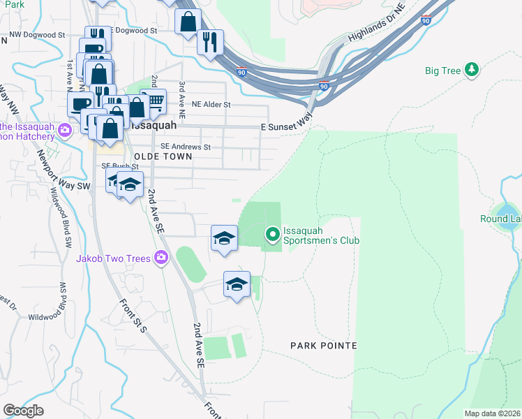 map of restaurants, bars, coffee shops, grocery stores, and more near 23600 Southeast Evans Street in Issaquah