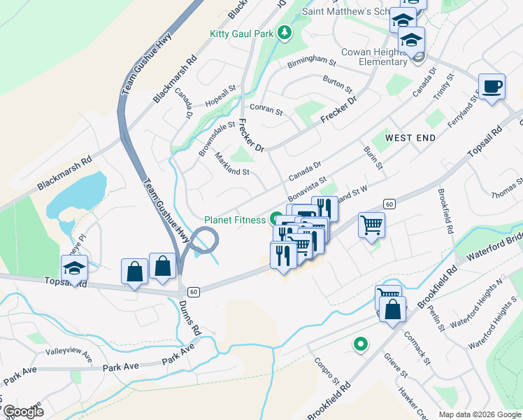 map of restaurants, bars, coffee shops, grocery stores, and more near 66 Bonavista Street in St. John's