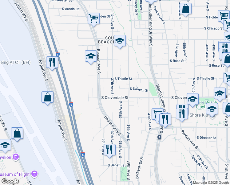 map of restaurants, bars, coffee shops, grocery stores, and more near 3637 South Cloverdale Street in Seattle