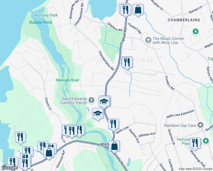 map of restaurants, bars, coffee shops, grocery stores, and more near 2651 Topsail Road in Conception Bay South