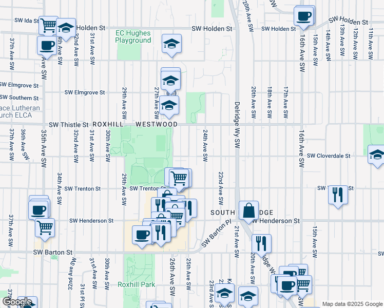 map of restaurants, bars, coffee shops, grocery stores, and more near 8454 25th Avenue Southwest in Seattle