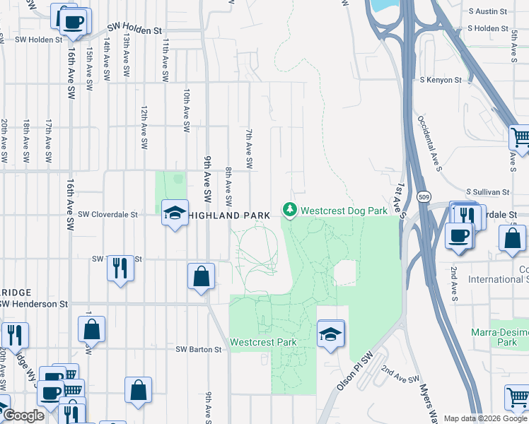 map of restaurants, bars, coffee shops, grocery stores, and more near 600 Southwest Cloverdale Street in Seattle