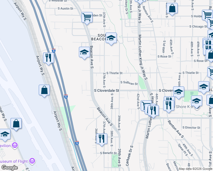 map of restaurants, bars, coffee shops, grocery stores, and more near 3637 South Cloverdale Street in Seattle