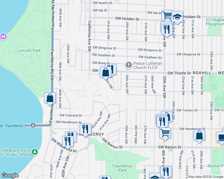 map of restaurants, bars, coffee shops, grocery stores, and more near 8623 41st Avenue Southwest in Seattle