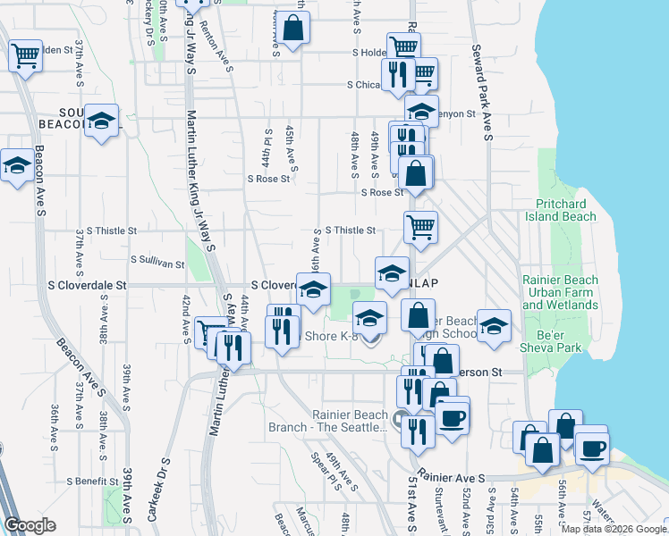 map of restaurants, bars, coffee shops, grocery stores, and more near 4707 South Cloverdale Street in Seattle