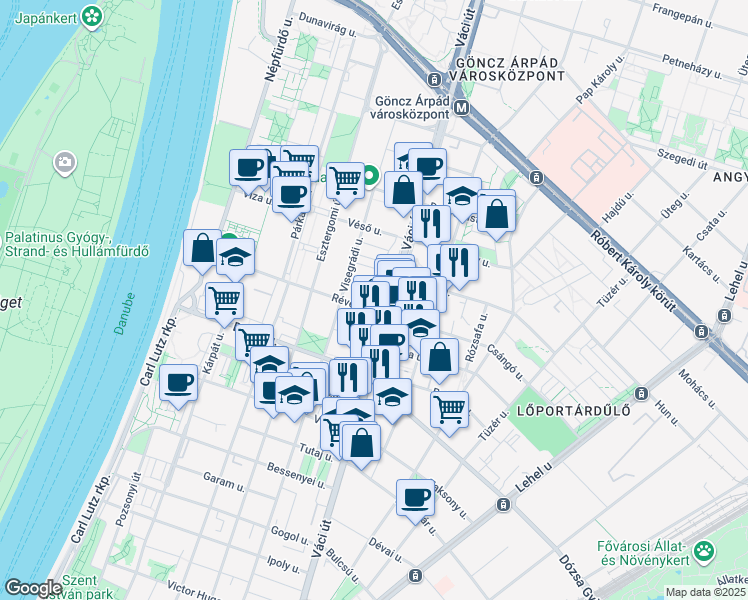 map of restaurants, bars, coffee shops, grocery stores, and more near in Budapest