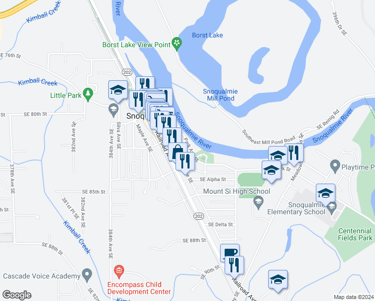 map of restaurants, bars, coffee shops, grocery stores, and more near 8300 Railroad Avenue in Snoqualmie
