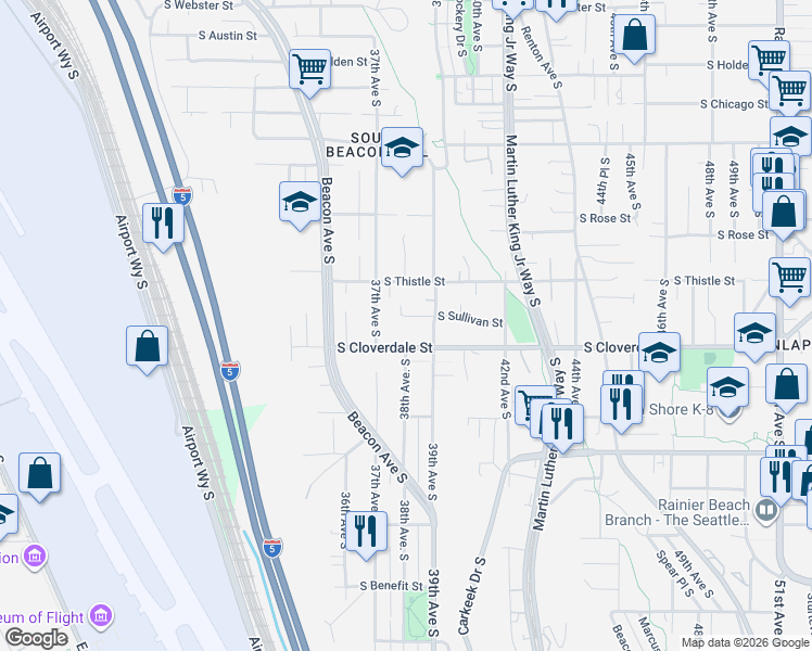 map of restaurants, bars, coffee shops, grocery stores, and more near 3807 South Cloverdale Street in Seattle