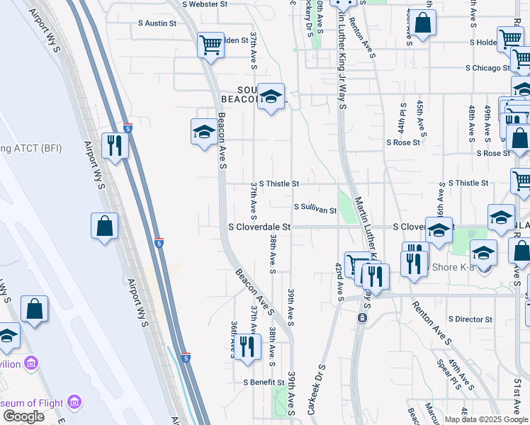 map of restaurants, bars, coffee shops, grocery stores, and more near 3637 South Cloverdale Street in Seattle