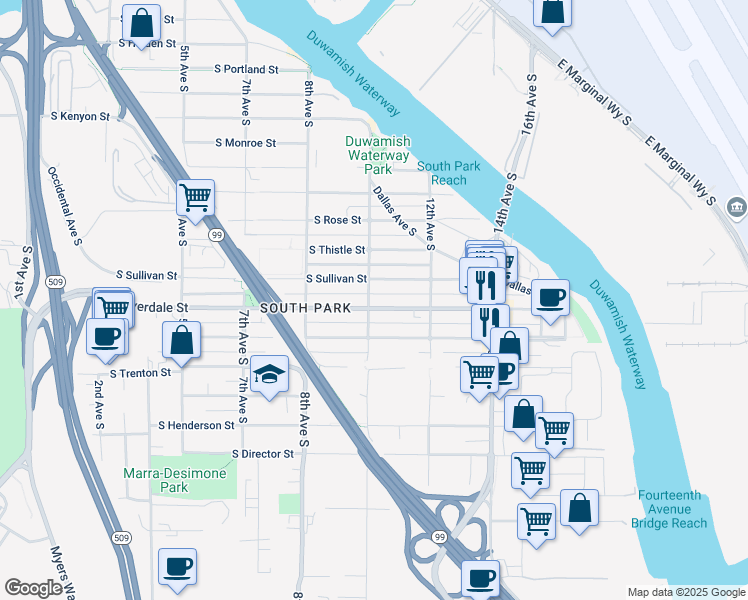 map of restaurants, bars, coffee shops, grocery stores, and more near 8617 10th Avenue South in Seattle