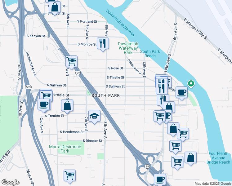 map of restaurants, bars, coffee shops, grocery stores, and more near 827 South Cloverdale Street in Seattle
