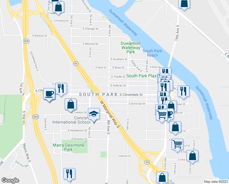 map of restaurants, bars, coffee shops, grocery stores, and more near 827 South Cloverdale Street in Seattle