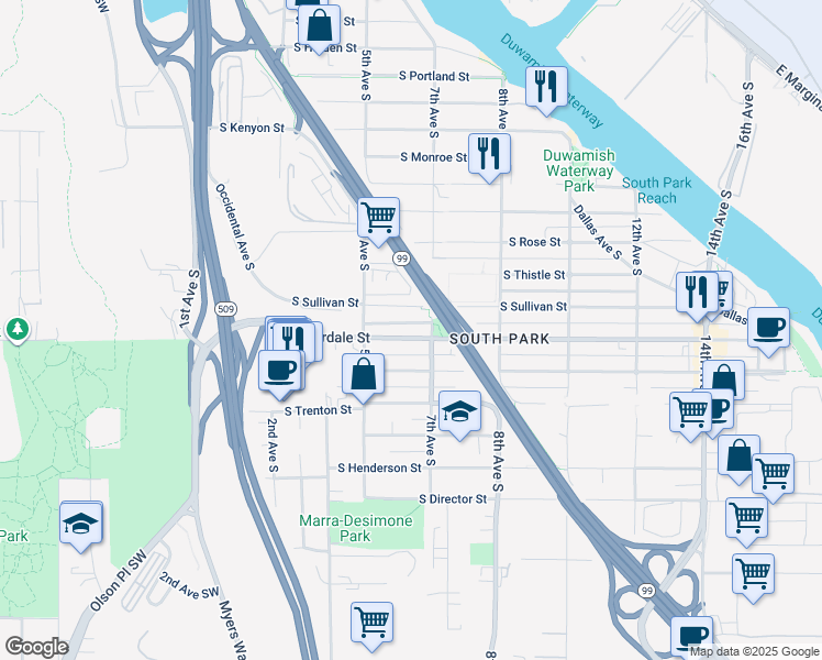 map of restaurants, bars, coffee shops, grocery stores, and more near 538 South Donovan Street in Seattle