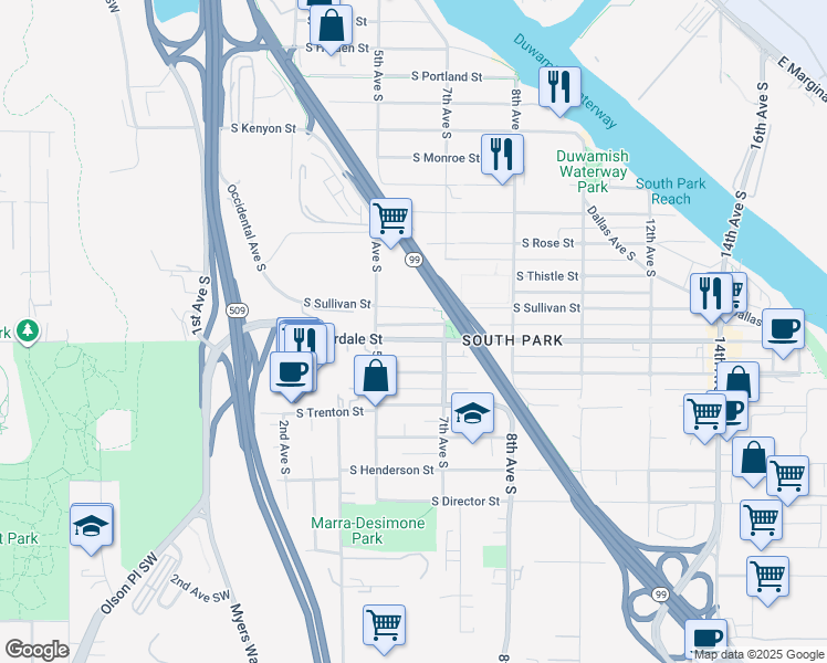 map of restaurants, bars, coffee shops, grocery stores, and more near 538 South Donovan Street in Seattle