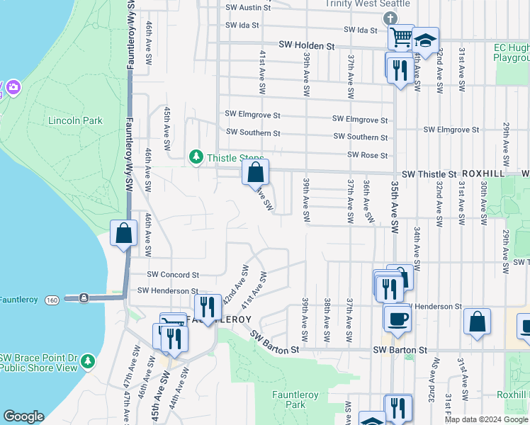 map of restaurants, bars, coffee shops, grocery stores, and more near 8620 Vashon View Southwest in Seattle