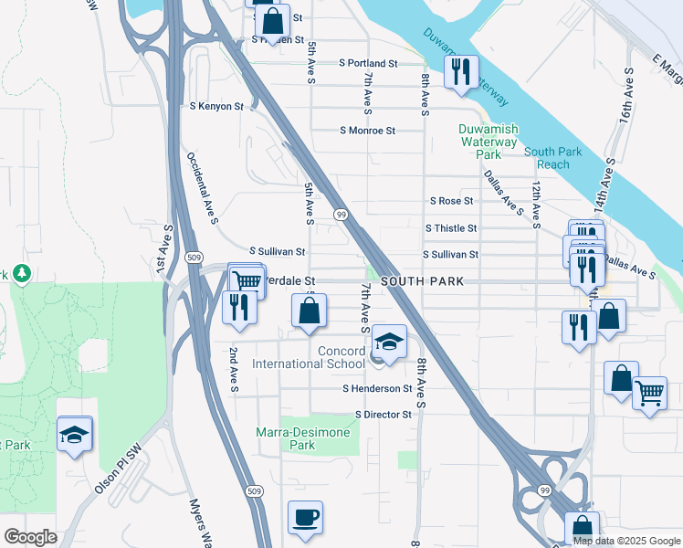 map of restaurants, bars, coffee shops, grocery stores, and more near 538 South Donovan Street in Seattle