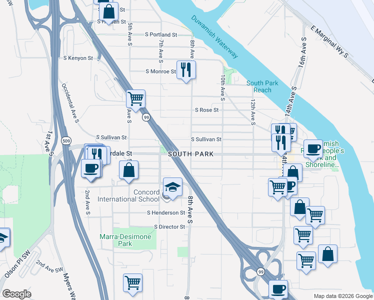 map of restaurants, bars, coffee shops, grocery stores, and more near 748 South Cloverdale Street in Seattle
