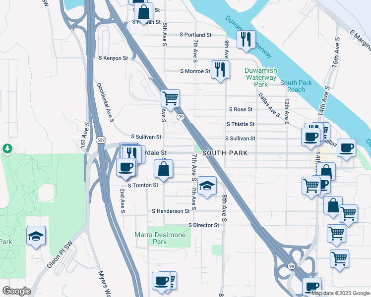 map of restaurants, bars, coffee shops, grocery stores, and more near 538 South Donovan Street in Seattle