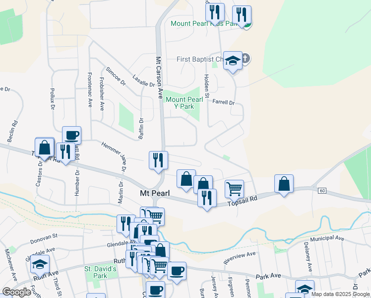 map of restaurants, bars, coffee shops, grocery stores, and more near 17 Dunluce Crescent in Mount Pearl