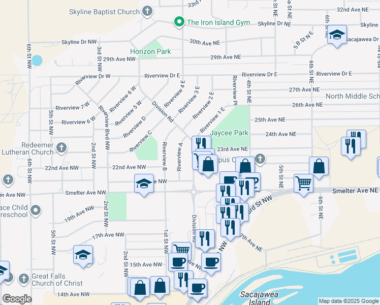 map of restaurants, bars, coffee shops, grocery stores, and more near 52-98 Division Road in Great Falls