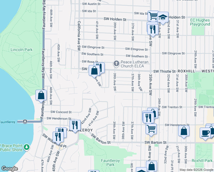 map of restaurants, bars, coffee shops, grocery stores, and more near 8436 41st Avenue Southwest in Seattle