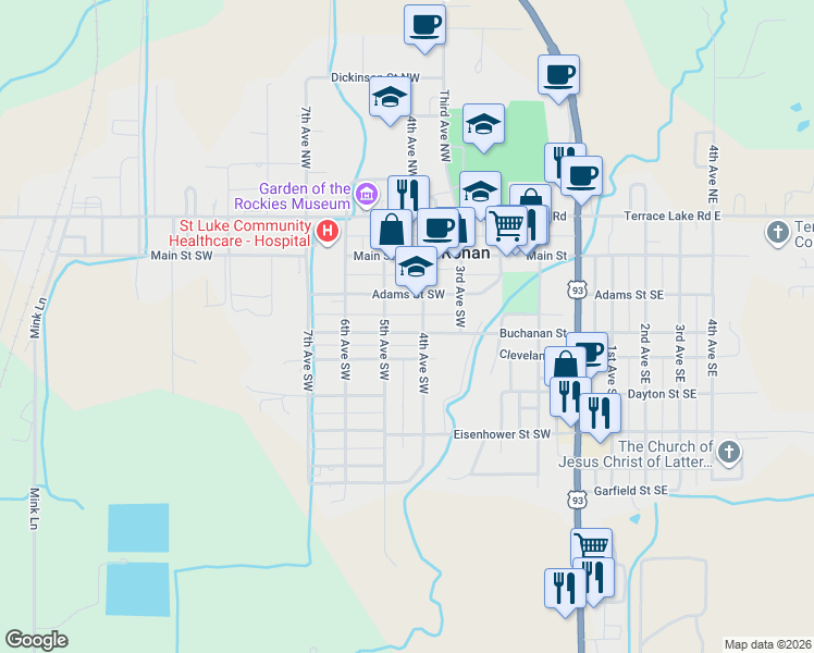 map of restaurants, bars, coffee shops, grocery stores, and more near 407 Adams Street Southwest in Ronan