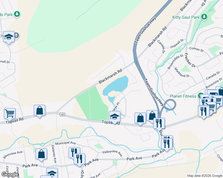 map of restaurants, bars, coffee shops, grocery stores, and more near Branscomes Pond Walk in Mount Pearl