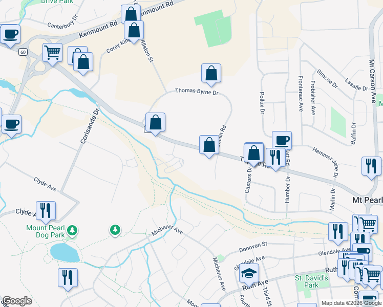 map of restaurants, bars, coffee shops, grocery stores, and more near 1147 Topsail Road in Mount Pearl