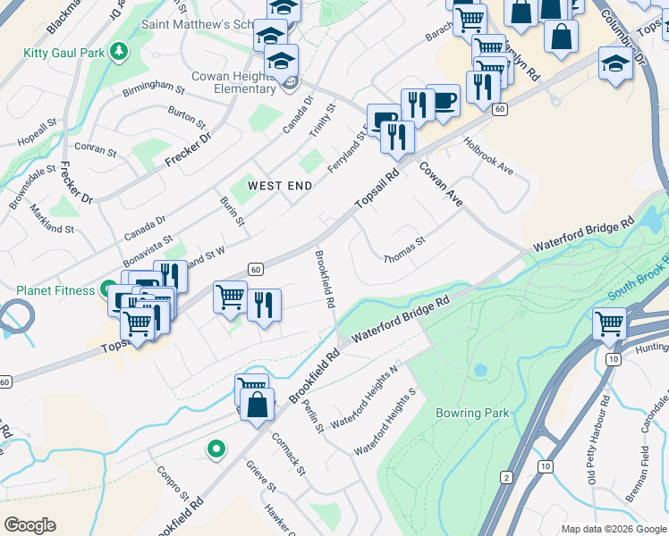 map of restaurants, bars, coffee shops, grocery stores, and more near 13 Brookfield Road in St. John's
