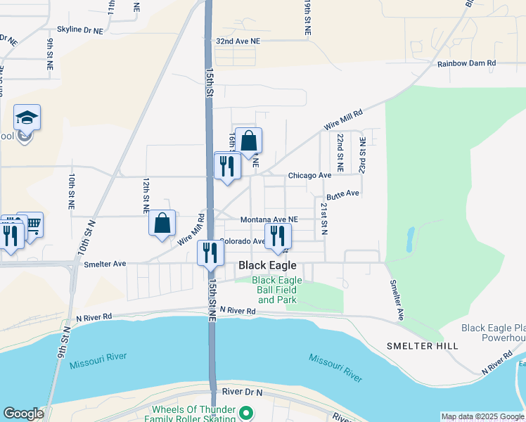 map of restaurants, bars, coffee shops, grocery stores, and more near 433 17th Street in Black Eagle