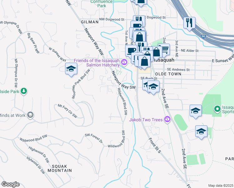 map of restaurants, bars, coffee shops, grocery stores, and more near 157 Southwest Clark Street in Issaquah