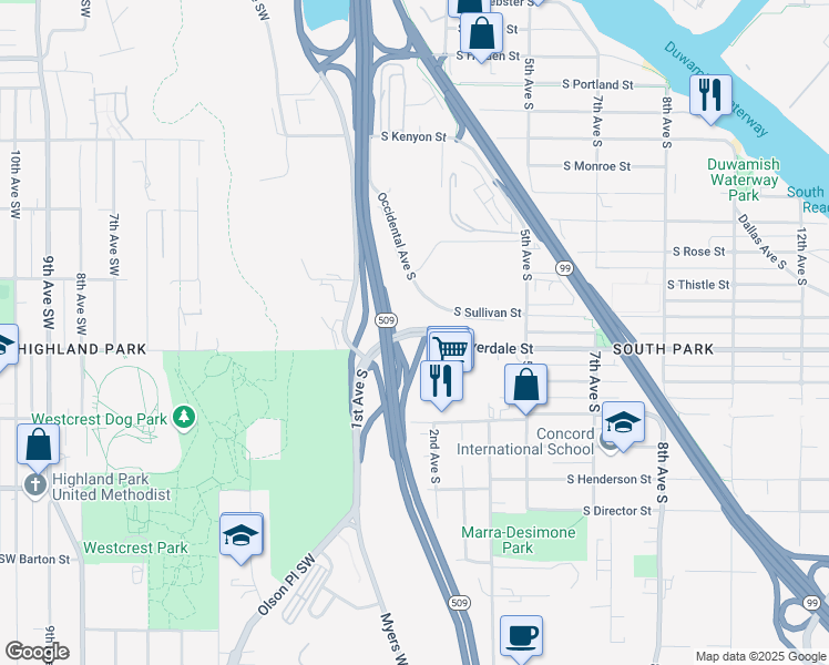 map of restaurants, bars, coffee shops, grocery stores, and more near 8151 Occidental Ave S in Seattle