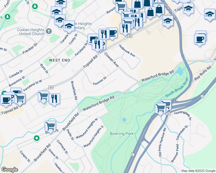 map of restaurants, bars, coffee shops, grocery stores, and more near 58 Reid Street in St. John's