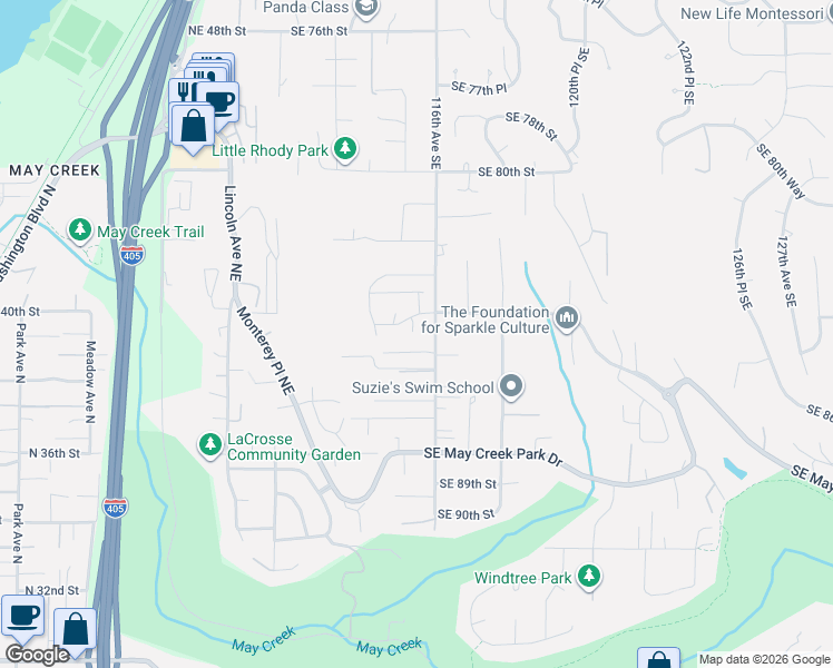 map of restaurants, bars, coffee shops, grocery stores, and more near 11579 Southeast 84th Street in Newcastle