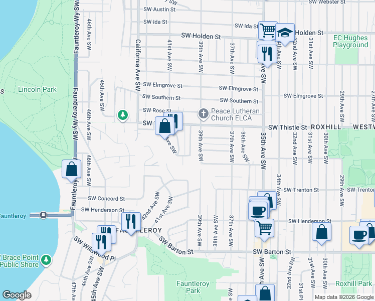 map of restaurants, bars, coffee shops, grocery stores, and more near 8436 41st Avenue Southwest in Seattle