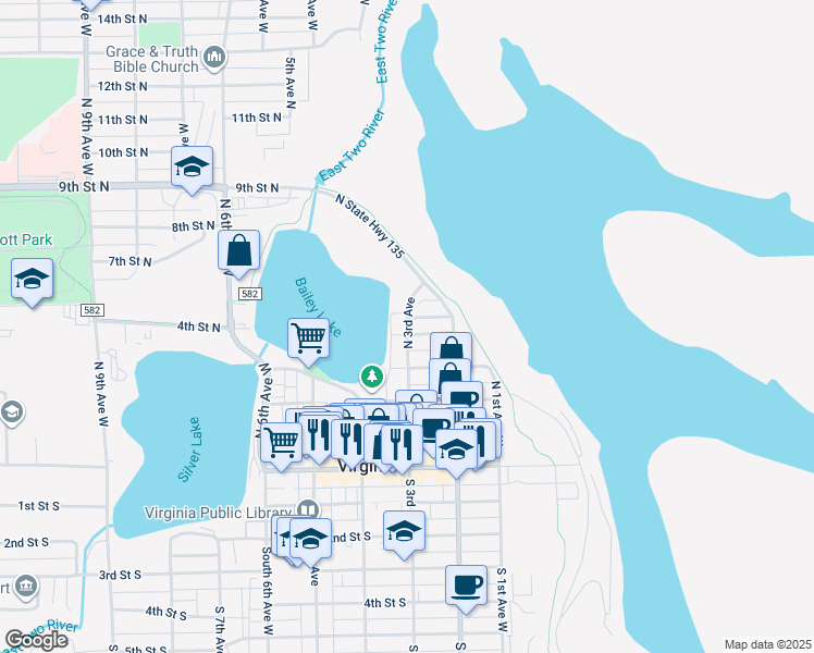 map of restaurants, bars, coffee shops, grocery stores, and more near 550 North 3rd Avenue in Virginia