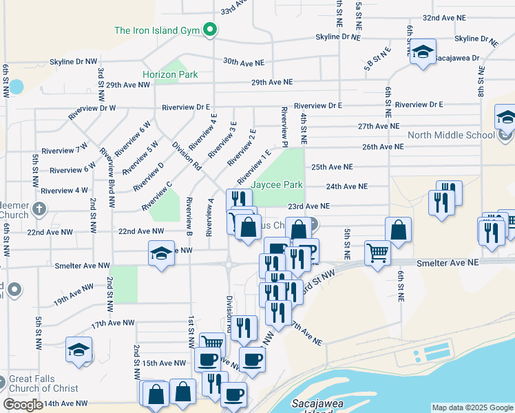 map of restaurants, bars, coffee shops, grocery stores, and more near 108 Riverview 1 East in Great Falls