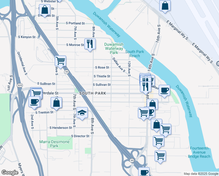 map of restaurants, bars, coffee shops, grocery stores, and more near 856 South Sullivan Street in Seattle