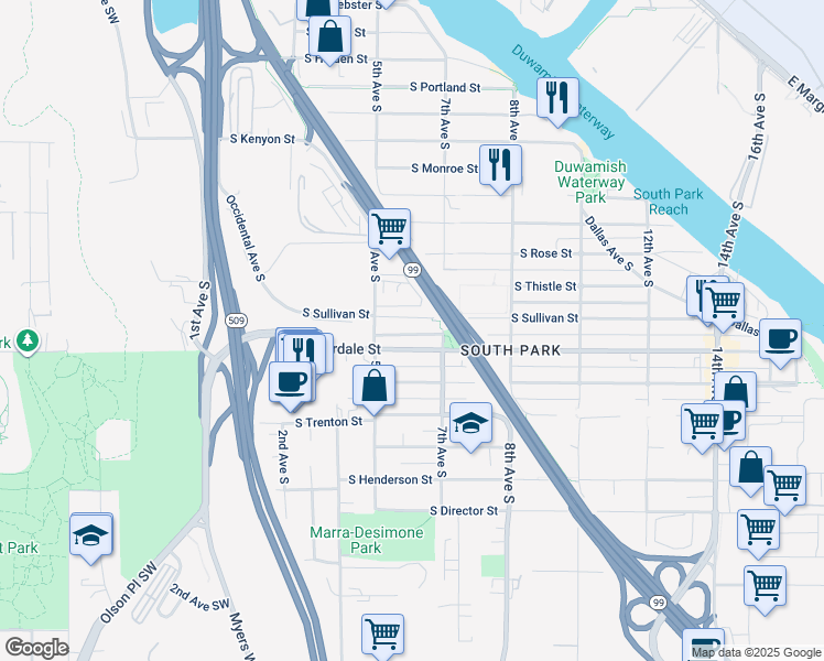 map of restaurants, bars, coffee shops, grocery stores, and more near 543 South Sullivan Street in Seattle